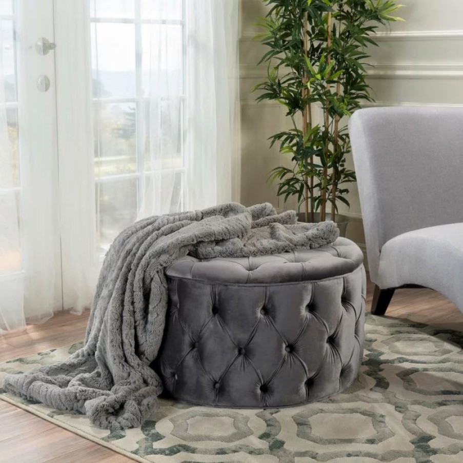 Footstools & Ottomans * | Gdfstudio Gdf Studio Maelyn Modern Glam Tufted Velvet Round Ottoman, Dark Gray