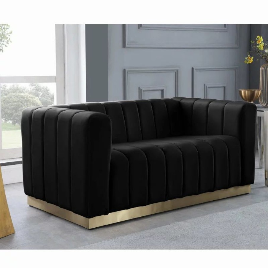 Sofas & Sectionals * | Meridian Furniture Marlon Velvet Loveseat With Brushed Gold Stainless Steel Base, Black