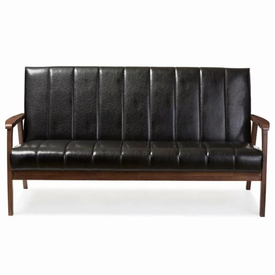 Sofas & Sectionals * | Baxton Studio Nikko Mid-Century Scandinavian Style Black Faux Leather Wooden 3-Seater Sofa