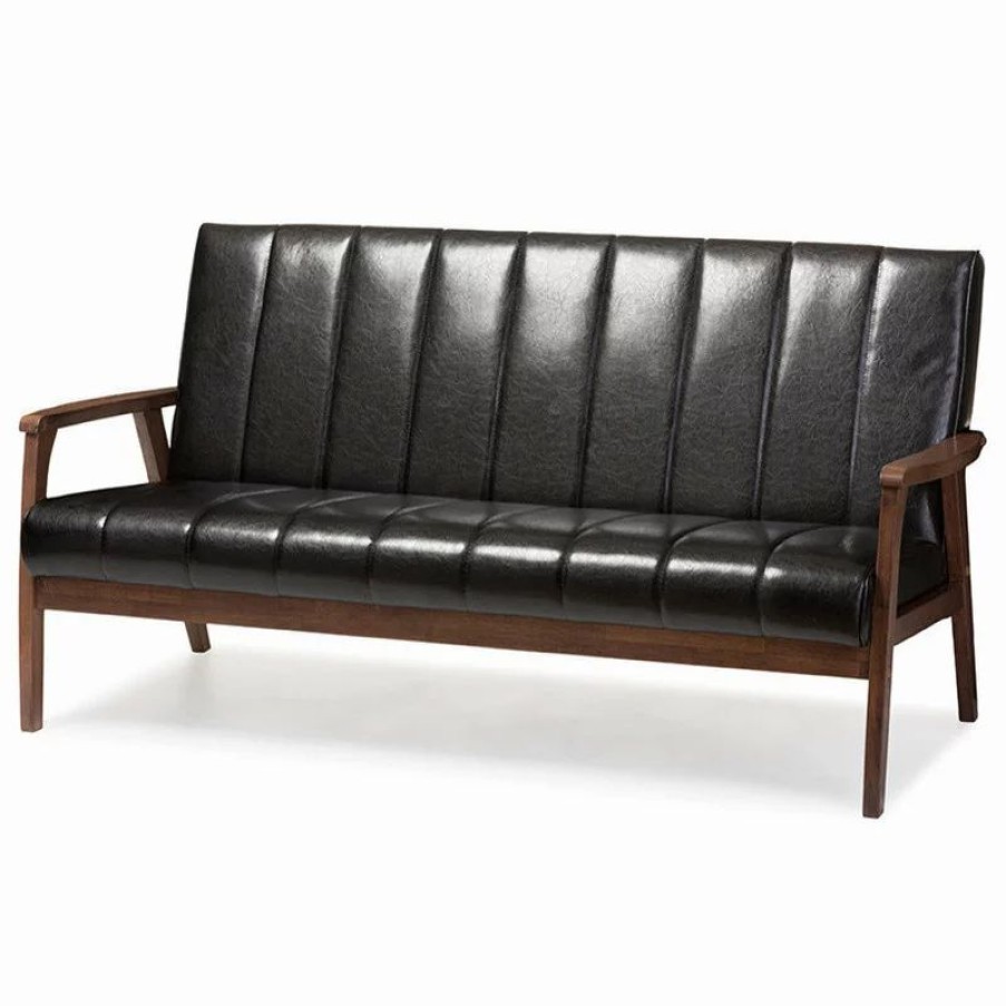 Sofas & Sectionals * | Baxton Studio Nikko Mid-Century Scandinavian Style Black Faux Leather Wooden 3-Seater Sofa