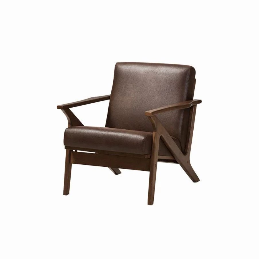 Chairs * | Wholesale Interiors Bianca Modern Walnut Wood Dark Brown Distressed Faux Leather Lounge Chair