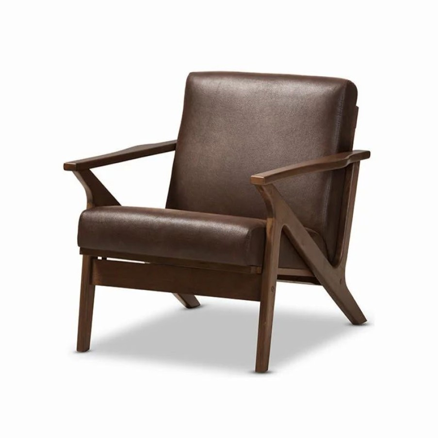 Chairs * | Wholesale Interiors Bianca Modern Walnut Wood Dark Brown Distressed Faux Leather Lounge Chair