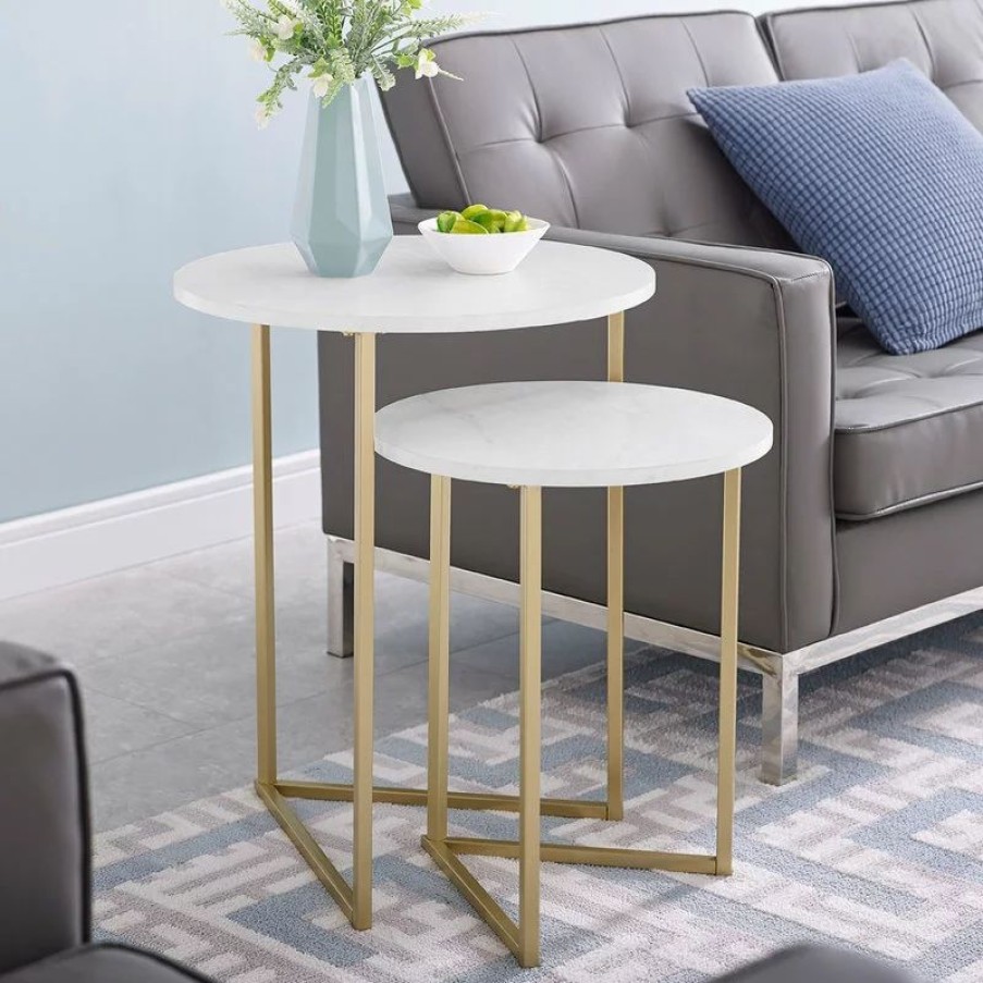 Coffee & Accent Tables * | Walker Edison 2-Piece V-Leg Nesting Side Tables, White Faux Marble/Gold