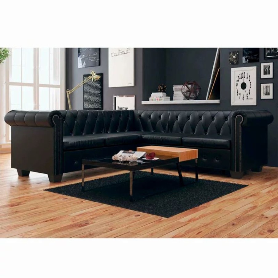 Sofas & Sectionals * | Vida Xl International B.V. Vidaxl Chesterfield Corner Sofa 5-Seater Faux Leather Black Chaise Longue