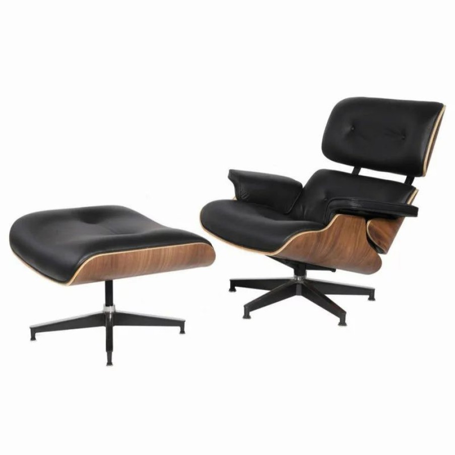 Chairs * | Interior Modern Decor Mod Lounge Chair And Ottoman Premium Leather, Black Walnut