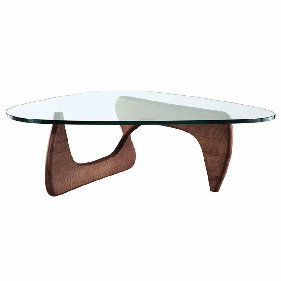 Coffee & Accent Tables * | Interior Modern Abstract Triangle Glass Top Modern Coffee Table Wooden Base, Walnut