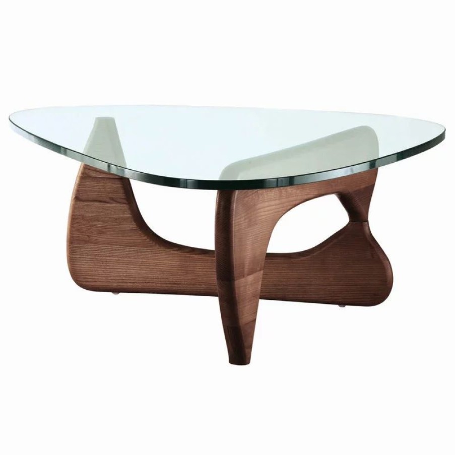 Coffee & Accent Tables * | Interior Modern Abstract Triangle Glass Top Modern Coffee Table Wooden Base, Walnut