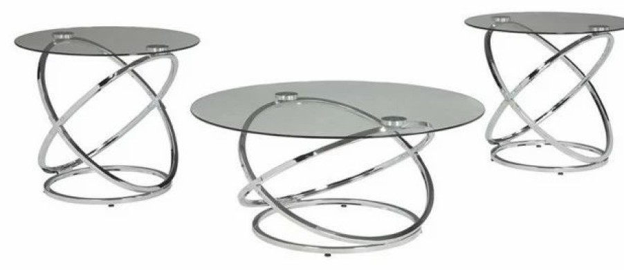 Coffee & Accent Tables * | Ashley Furniture Industries Ashley Furniture Modern Hollynyx 3 Piece Glass Top Coffee Table Set In Chrome