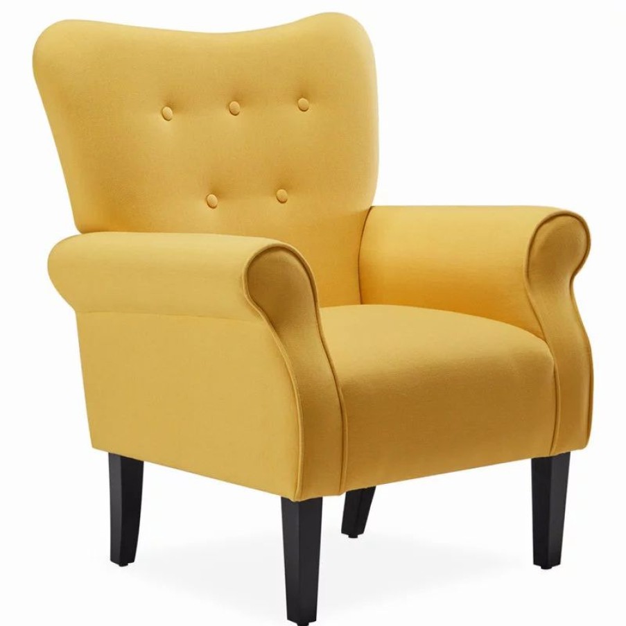 Chairs * | Belleze High Wingback Linen Armchair, Citrine Yellow