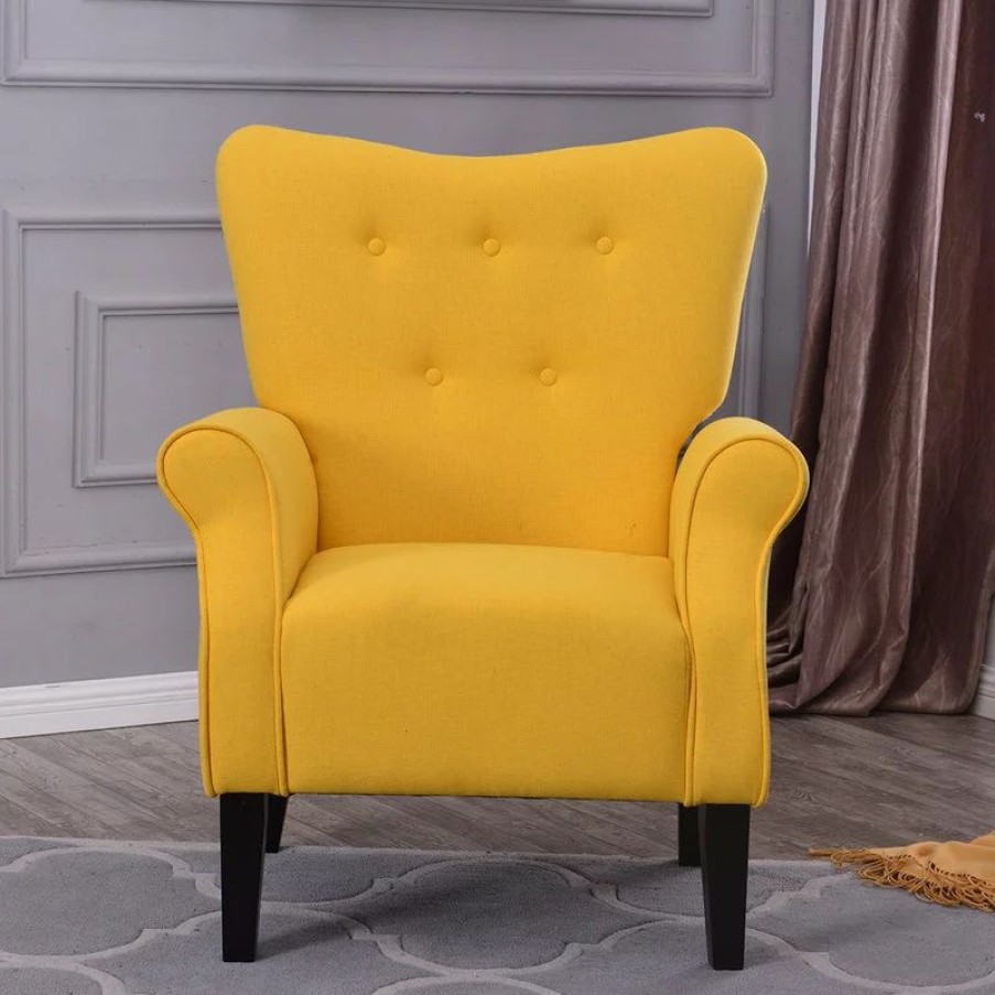 Chairs * | Belleze High Wingback Linen Armchair, Citrine Yellow