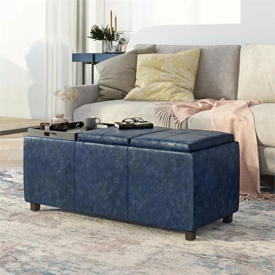 Footstools & Ottomans * | Simpli Home Ltd. Simpli Home Avalon 42 Faux Leather Storage Ottoman In Denim Blue