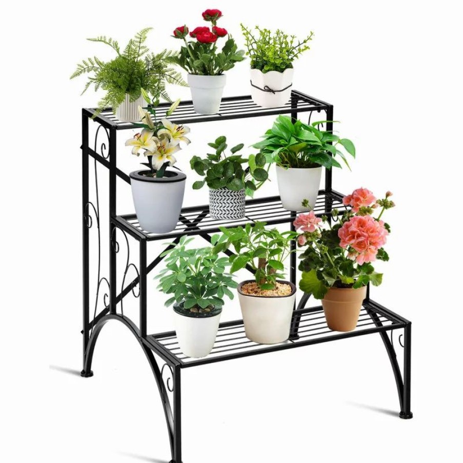 Coffee & Accent Tables * | Costway Plant Rack 3-Tier Metal Plant Stand Garden Shelf Stair Style Decorative