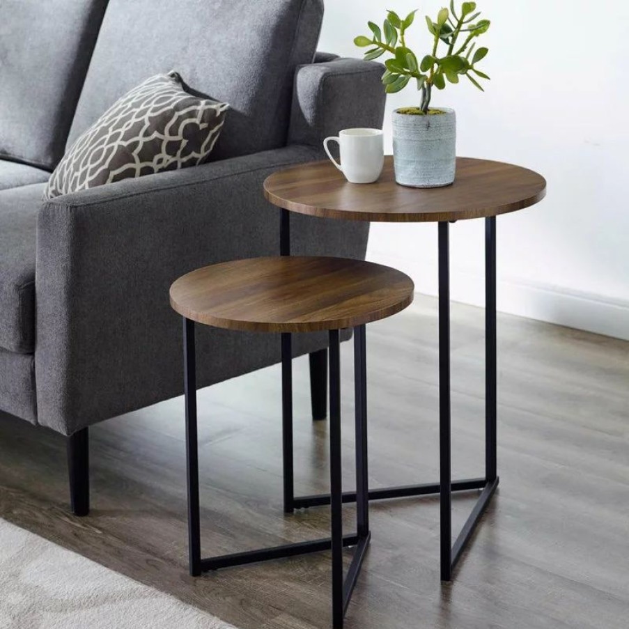 Coffee & Accent Tables * | Walker Edison 2-Piece V-Leg Nesting Side Tables Dark Walnut/Black