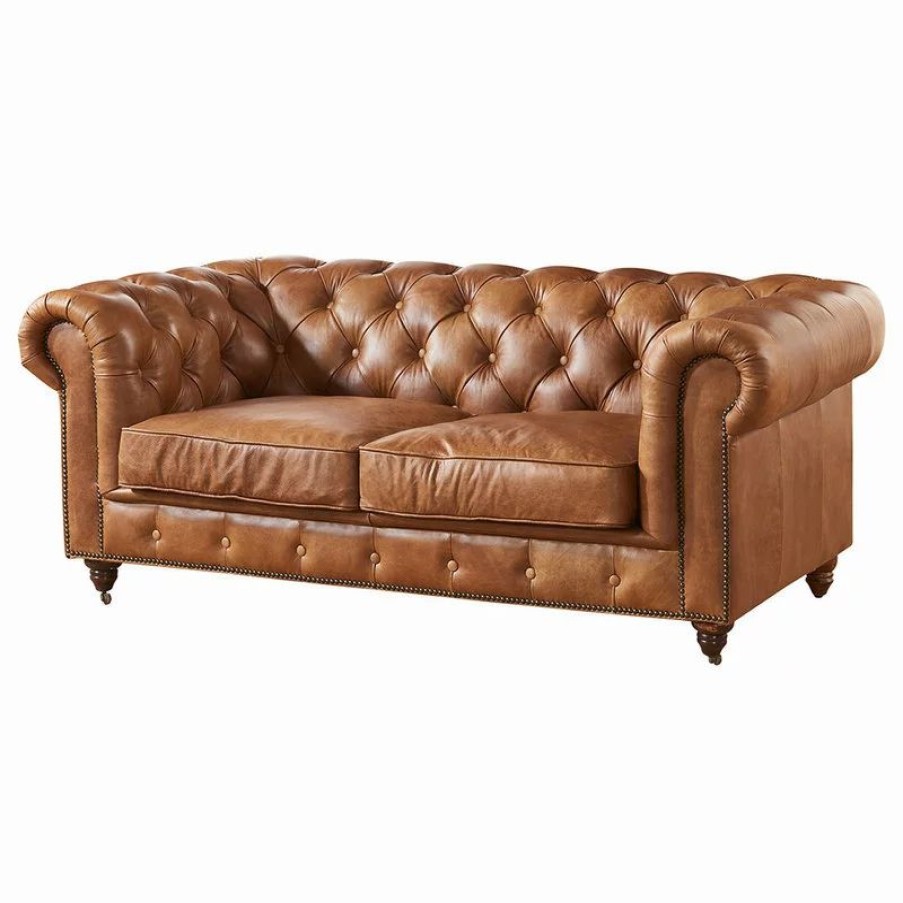 Sofas & Sectionals * | Crafters And Weavers Leather Chesterfield Love Seat, Light Brown