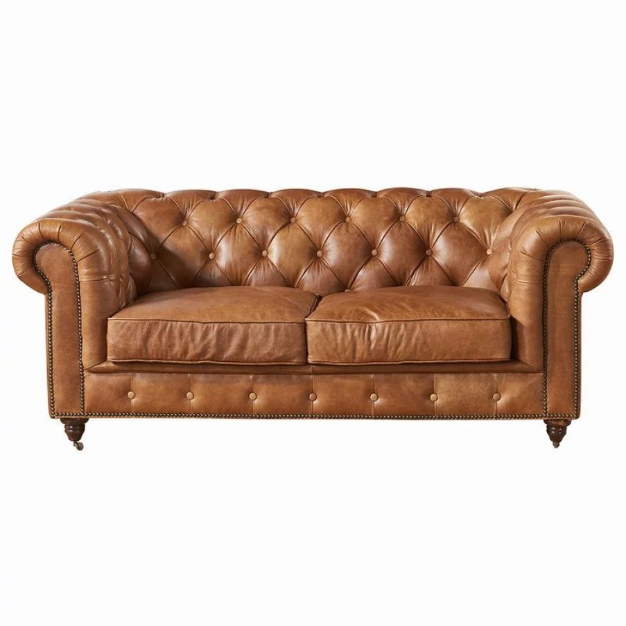 Sofas & Sectionals * | Crafters And Weavers Leather Chesterfield Love Seat, Light Brown