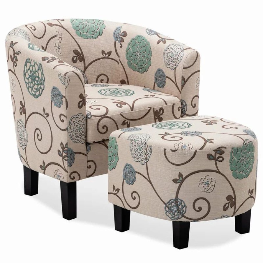 Chairs * | Belleze Accent Chair W/ Ottoman Round Arms Curved Back French Print Script,Beige Floral