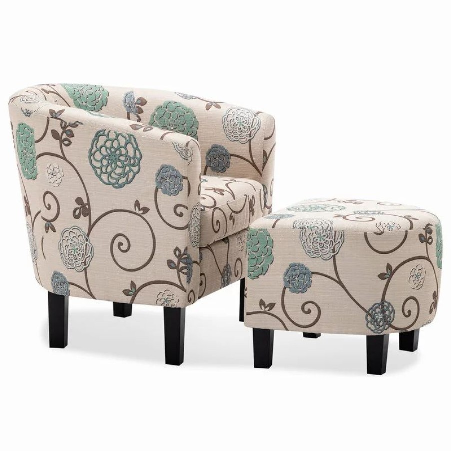 Chairs * | Belleze Accent Chair W/ Ottoman Round Arms Curved Back French Print Script,Beige Floral