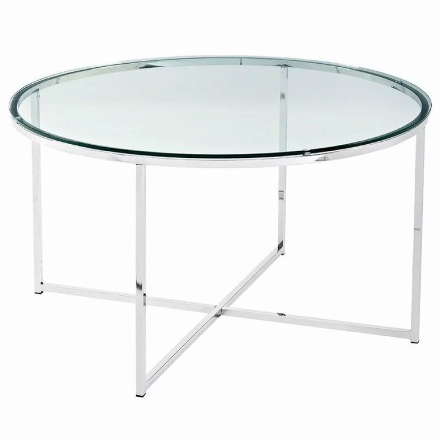 Coffee & Accent Tables * | Walker Edison 2-Piece Round Coffee Table Set, Glass/Chrome