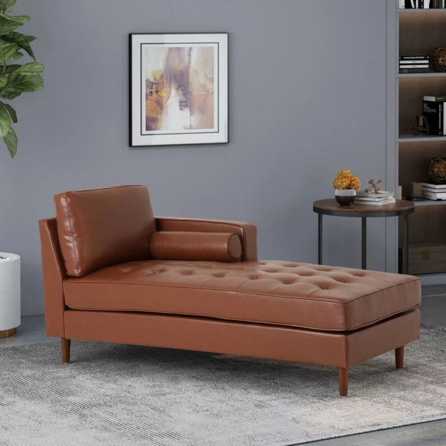 Chairs * | Gdfstudio Hixon Contemporary Tufted Upholstered Chaise Lounge, Cognac + Espresso