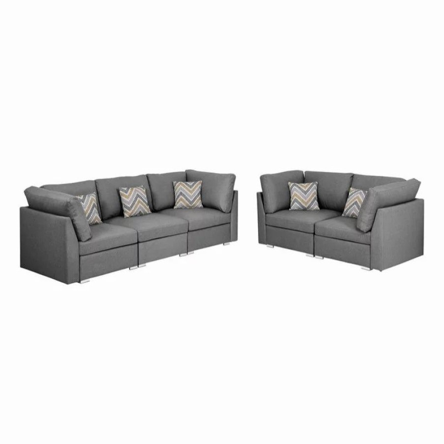 Sofas & Sectionals * | Lilola Home Amira Gray Linen Fabric Sofa And Loveseat Living Room Set With Accent Pillows