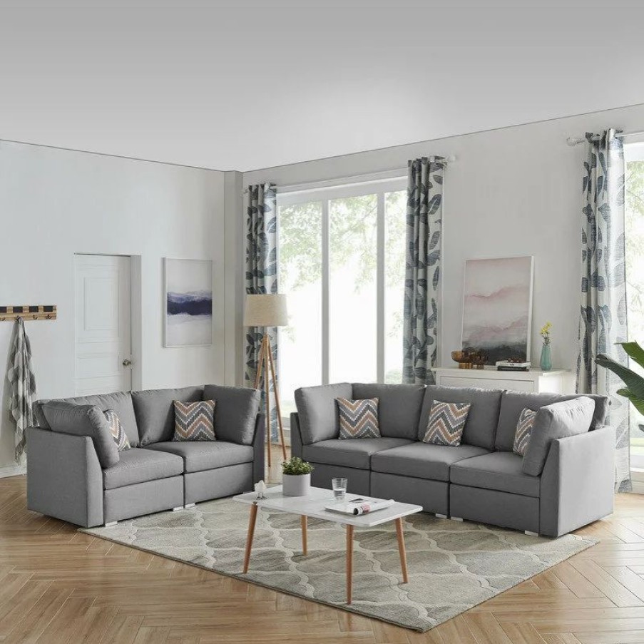 Sofas & Sectionals * | Lilola Home Amira Gray Linen Fabric Sofa And Loveseat Living Room Set With Accent Pillows