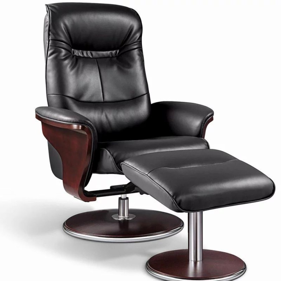 Chairs * | Artiva Milano Leather Swivel Recliner And Ottoman, Black