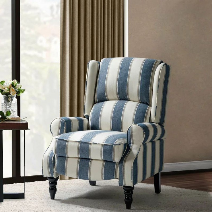 Chairs * | Karat Home Modern Wingback Recliner, Stripe Navy