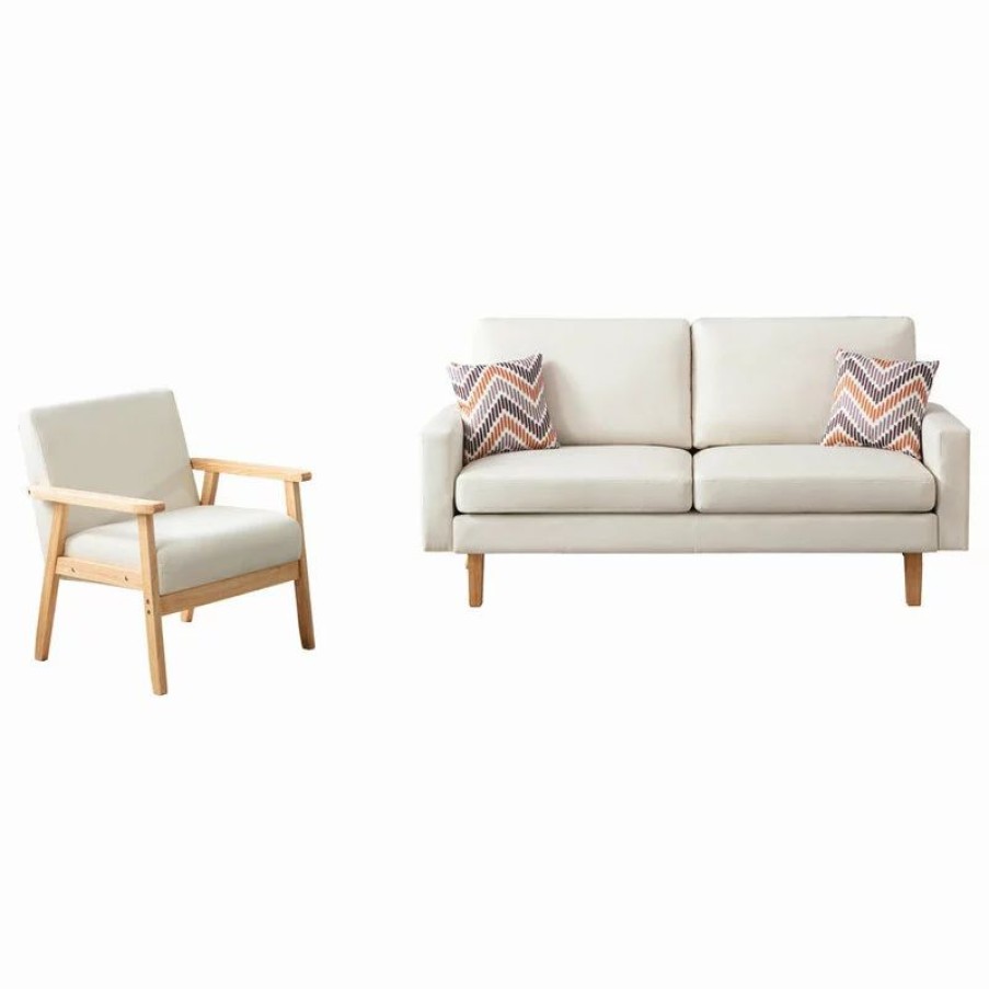 Sofas & Sectionals * | Lilola Home Bahamas Linen Sofa And Chair Set With 2 Throw Pillows, Beige