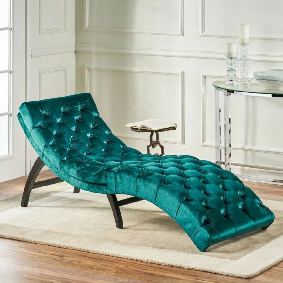 Chairs * | Gdfstudio Gdf Studio Grasby Tufted New Velvet Chaise Lounge, Teal