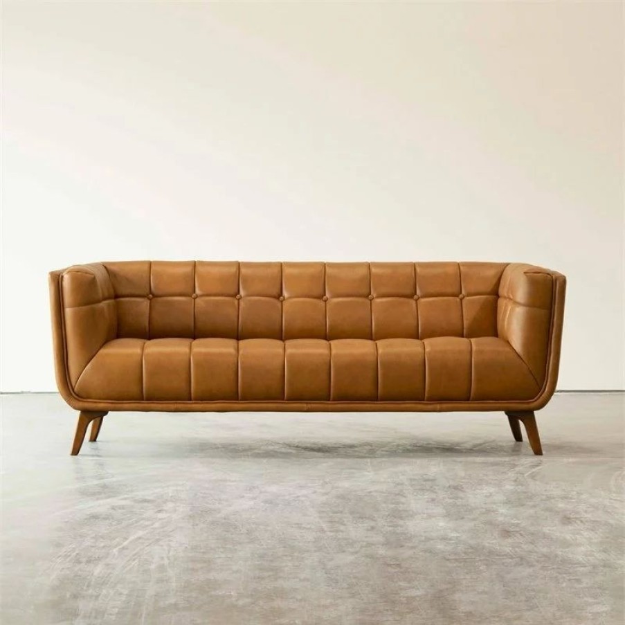 Sofas & Sectionals * | Ashcroft Allen Mid Century Modern Tufted Genuine Leather Sofa In Cognac Tan