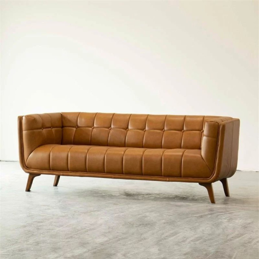 Sofas & Sectionals * | Ashcroft Allen Mid Century Modern Tufted Genuine Leather Sofa In Cognac Tan